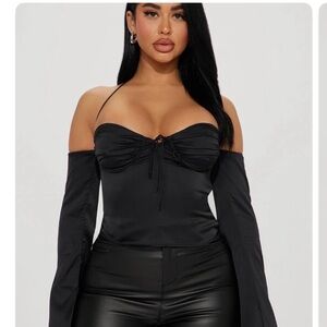 Fashion Nova Black Off-Shoulder Satin-Look Bust Tie Top
